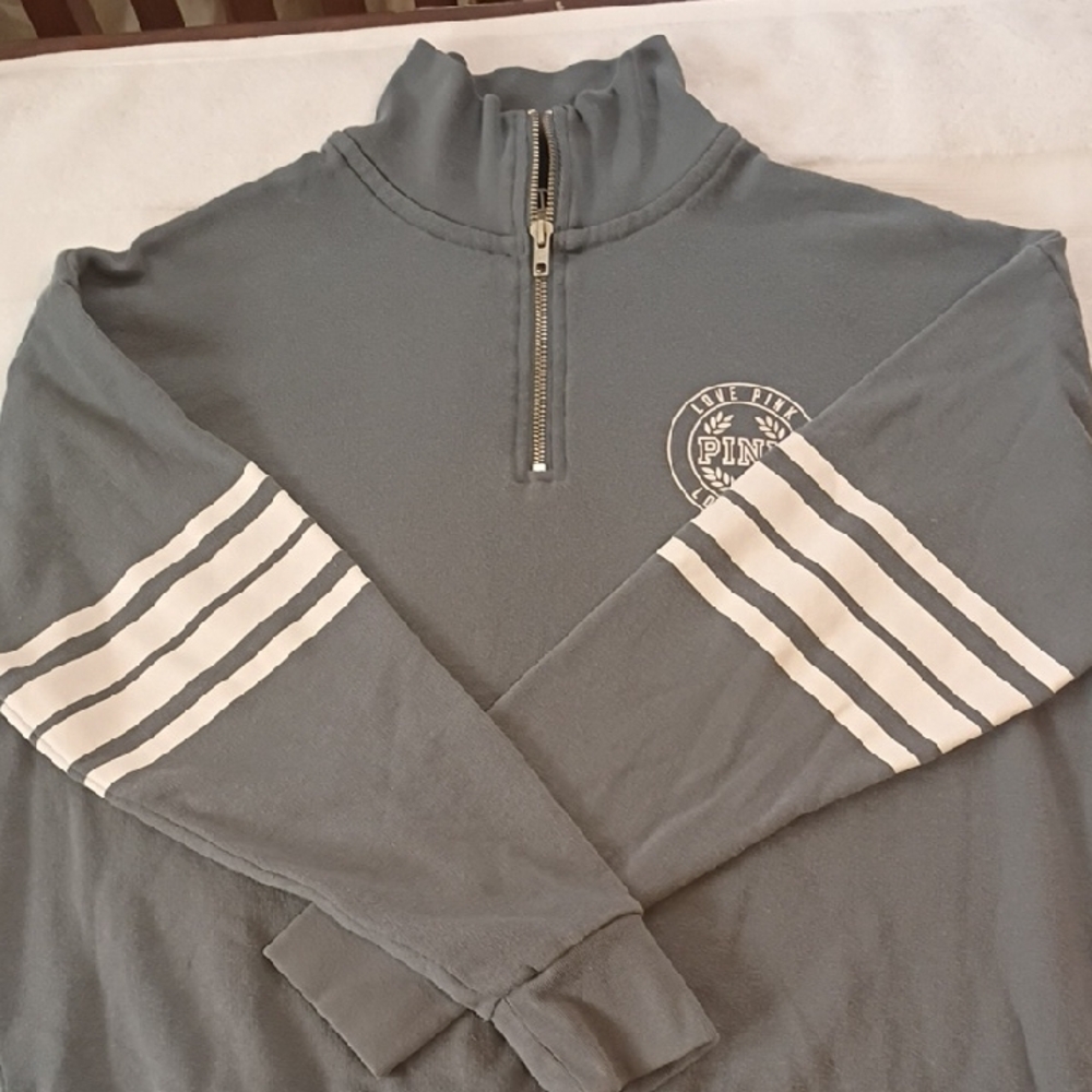 PINK Victoria's Secret Gray Zip-Up Sweater with White Stripes